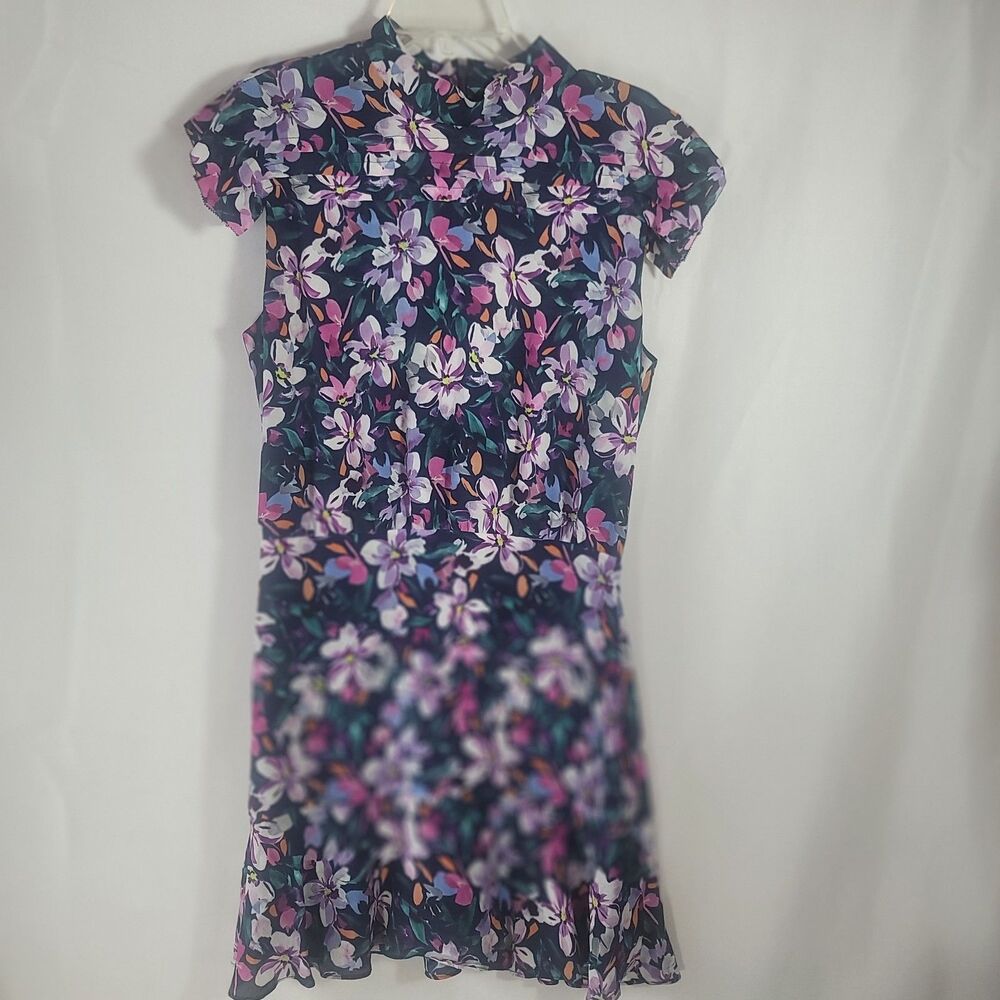 Nicole Miller Floral Mock Neck Mini Dress Navy Purple Pink Cap Sleeve Size L